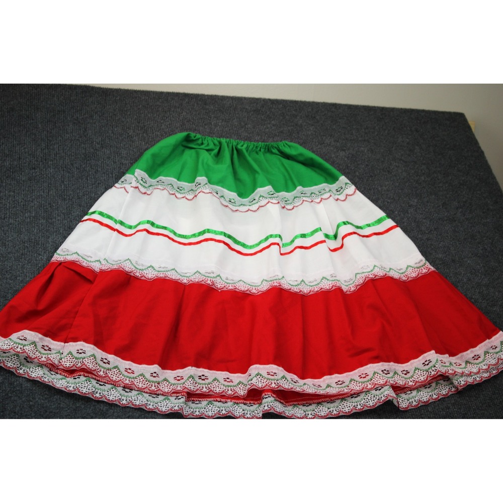 Mexican Folklorico Skirt Green White Red Lace Trim Elastic Waist Dance Costume